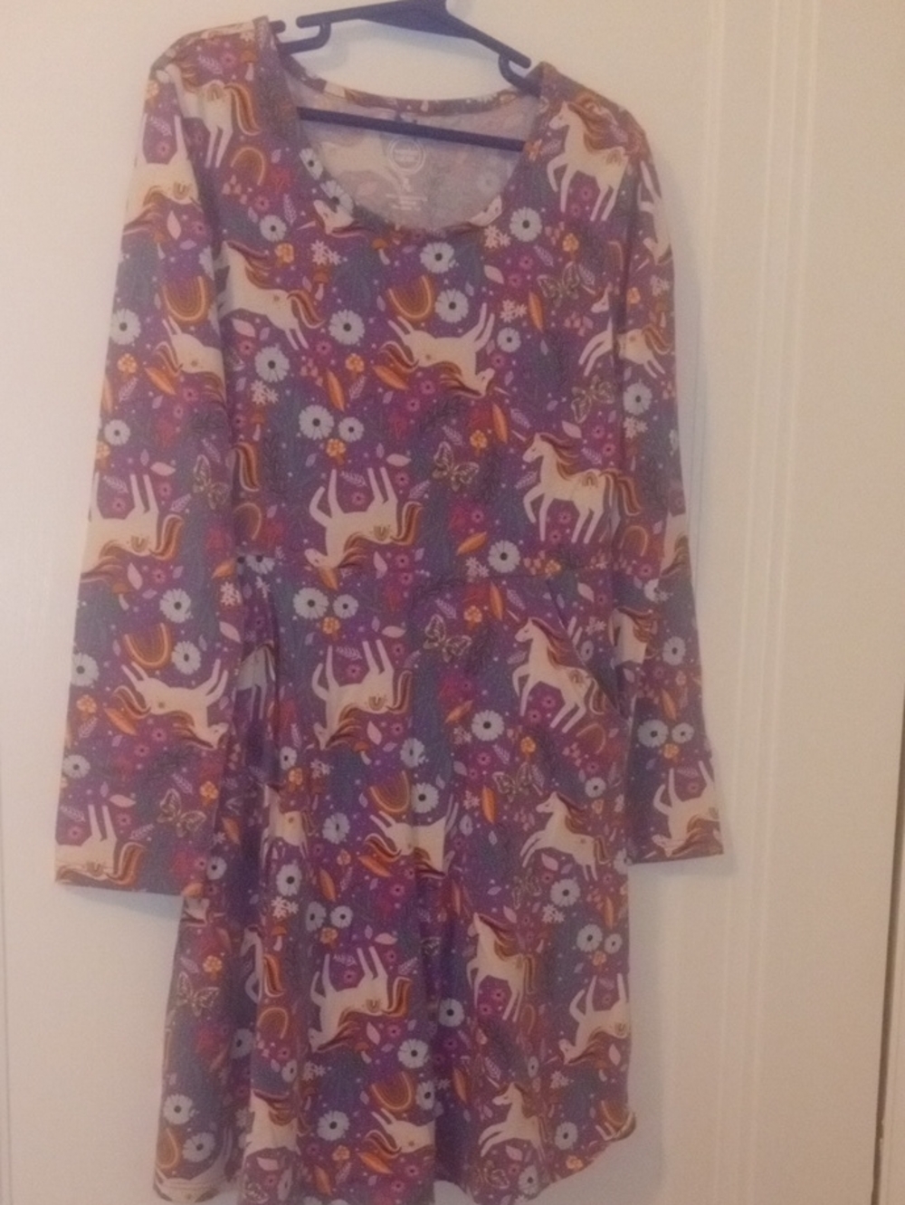 Girls' Purple Unicorn Print Long-Sleeve dress 7/8 Med